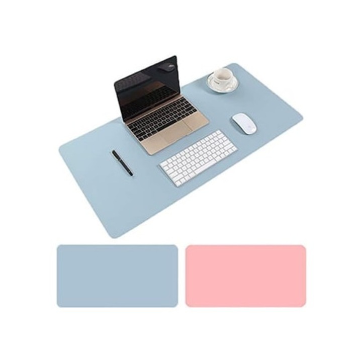 Mousepad mare din piele PU, impermeabil, dublu fata, roz si albastru deschis, 100x450mm