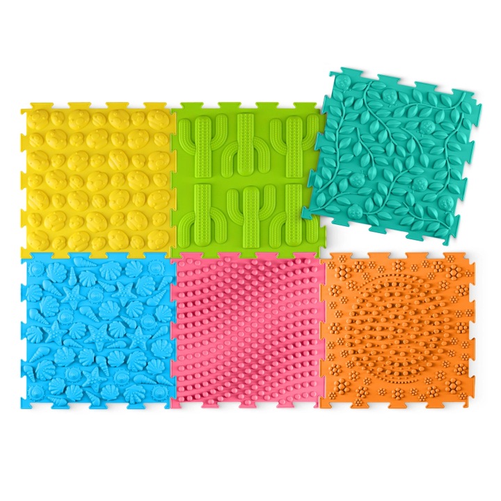 Covoras ortopedic senzorial pentru copii, 4FIZJO, forma de puzzle, set 6 piese, stimuleaza simturile si dezvoltarea corecta a talpilor, previne piciorul plat, imbunatateste echilibrul, coordonarea si concentrarea, material silicon, multicolor