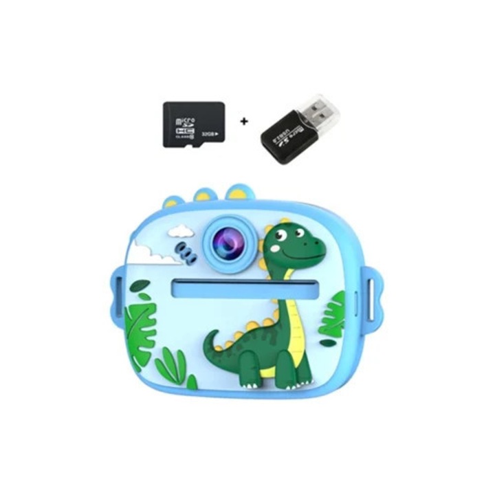Camera foto instantanee -pentru copii, 1080p, 48 MP, ecran IPS 2,4 inch, 32 GB, Dinozaur Albastru