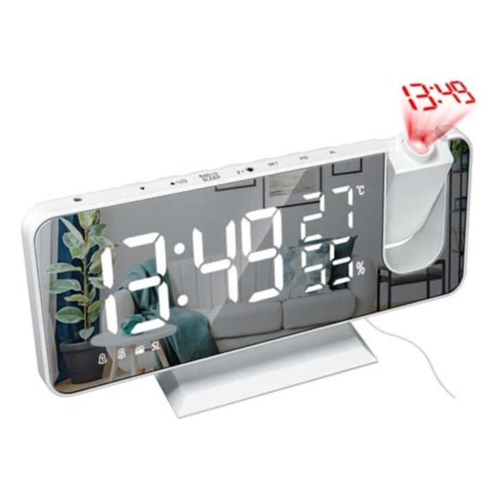 Dekoratív óra projektorral, kettős ébresztővel, FM rádióval, hőmérővel, páratartalommal, fehér, 7,3 hüvelyk
