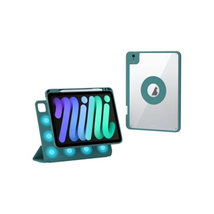 Husa tableta detasabila rotativa din piele, verde inchis, pentru iPad Mini 6, cu slot pentru stilou