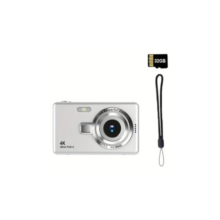 Camera digitala portabila 4K HD, 32GB, cu autofocalizare, iluminare, argintie