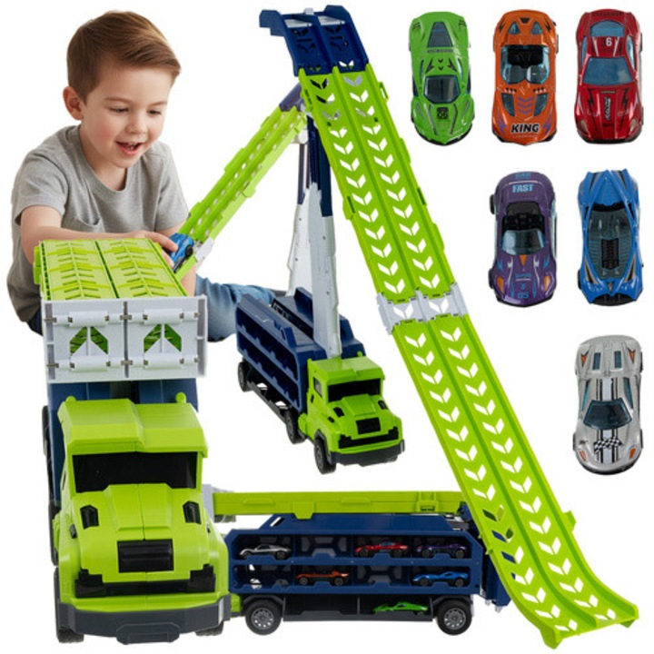Set de joaca camion transportator cu pista Zola, 6 masinute metalice, stickere colorate, verde și gri, dimensiune pista 90.5x57x10cm