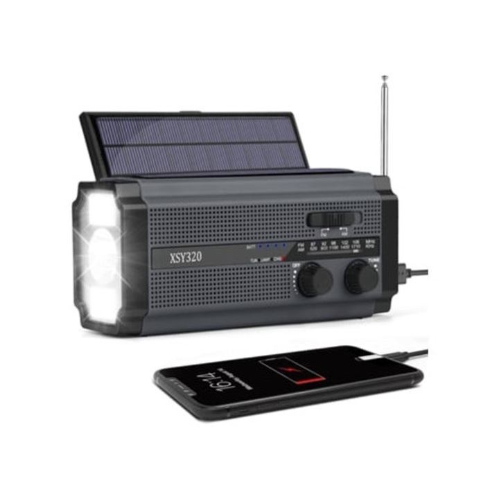 Radio portabil Xsy320, alimentare solara/dynamo, 5000 mAh, flashlight LED 3 moduri, alarma SOS, negru