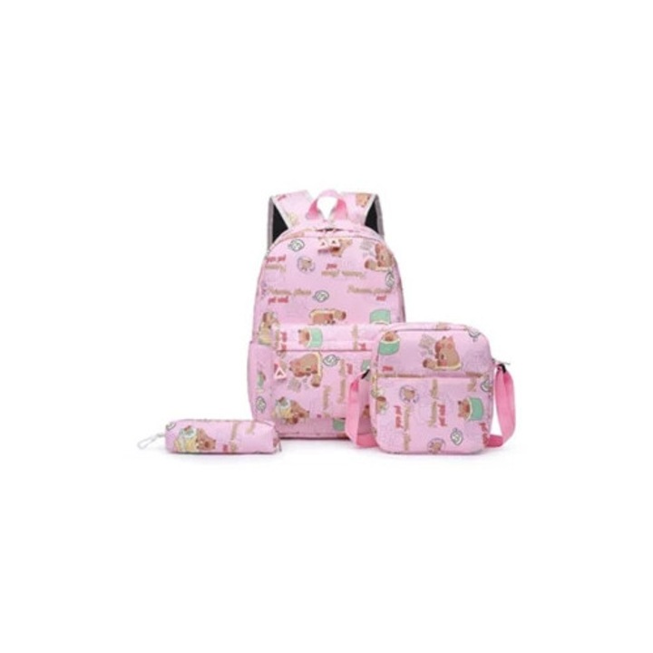 Ghiozdan cu geanta si penar, set de 3, imprimeu capybara, roz