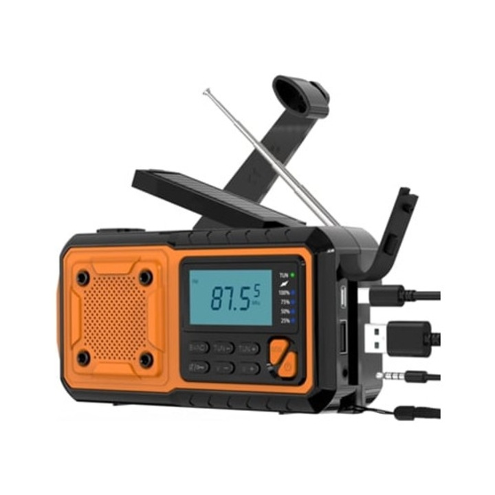 Преносимо соларно радио с манивела, генератор, фенер/SOS, аларма/USB