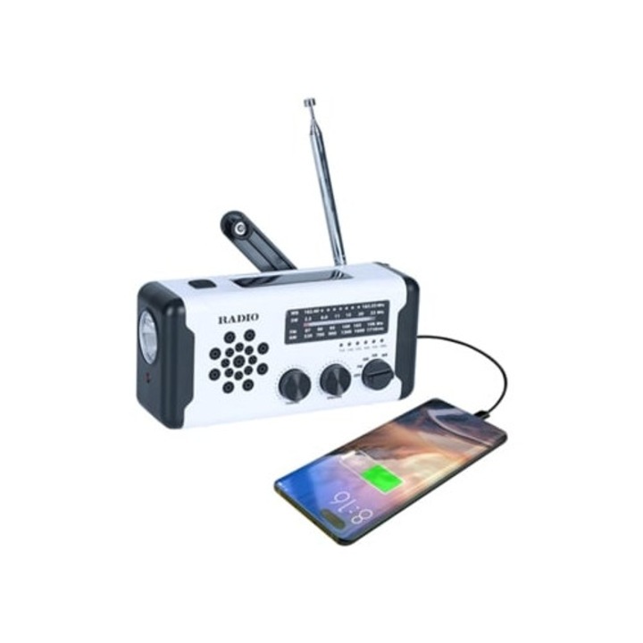 Radio portabil W 3 AM/FM, alimentare cu baterie/crank/solar, alarma SOS, alb