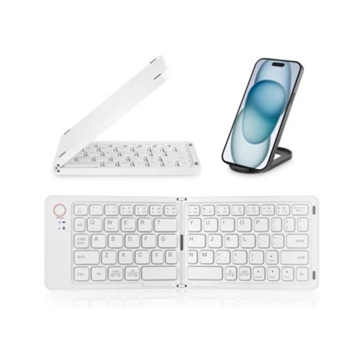 Tastatura pliabila full-size, alba, pentru Android, Windows si iOS, sincronizare cu 3 dispozitive