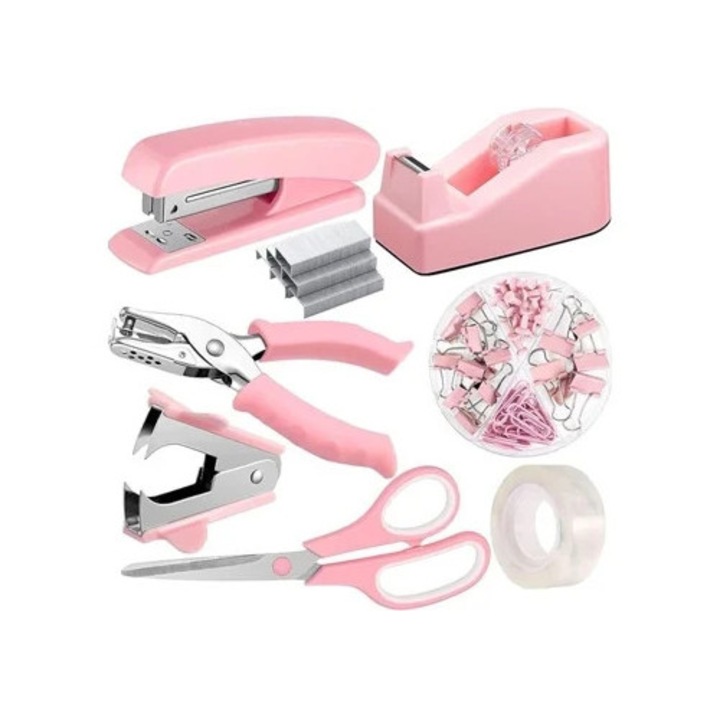Irodaszer készlet: tűzőgép, tűzőgép kiszedő, lyukasztó, olló, rózsaszín
