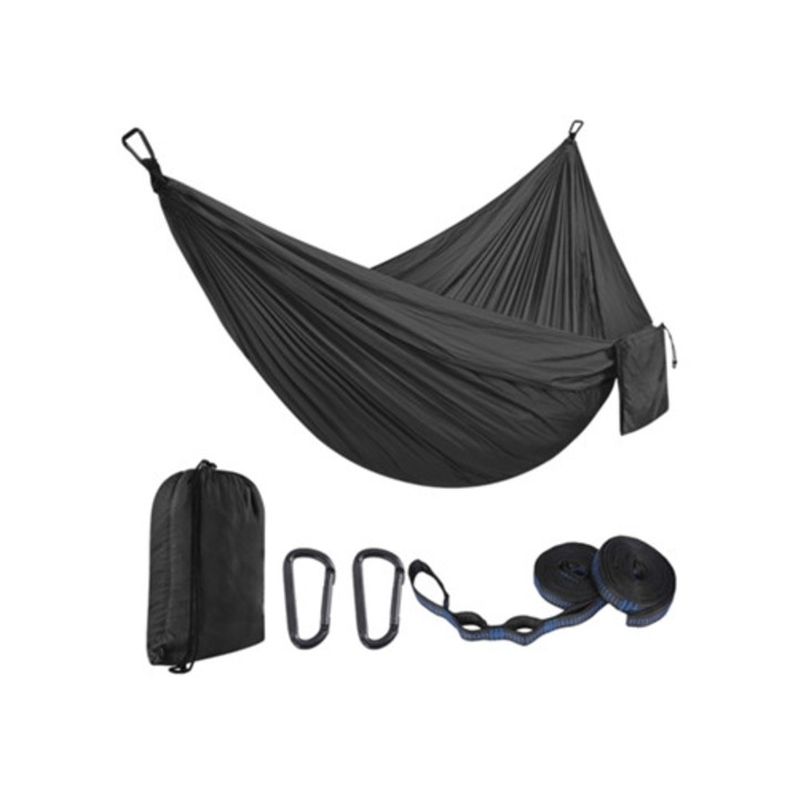 Egyszerű függőágy 51 hevederrel és karabinerrel, 270x140cm, fekete