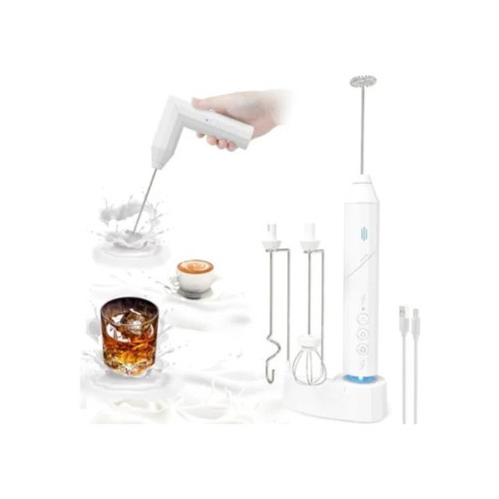 Espumator de lapte, 3 viteze, 3 capete din otel inoxidabil, alb, cu incarcare USB-C