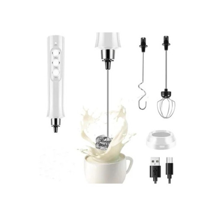 Espumator de lapte cu 3 batidoare, recargabil, alb, set