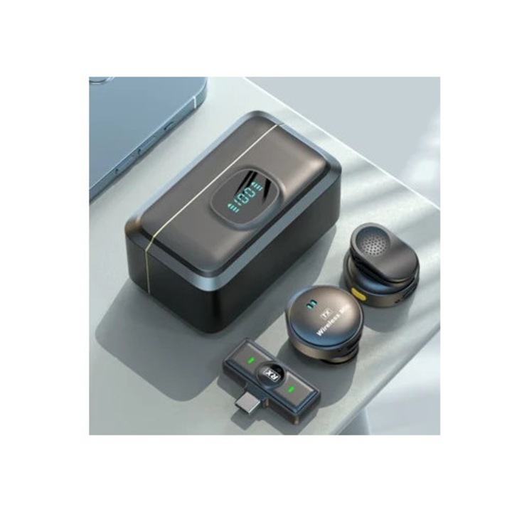 Microfoane lavalier wireless cu carcasa de incarcare si anulare a zgomotului, set Eifson