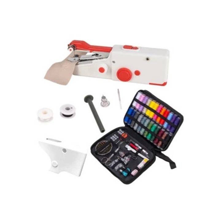 Masina de cusut electrica portabila cu accesorii, rosie