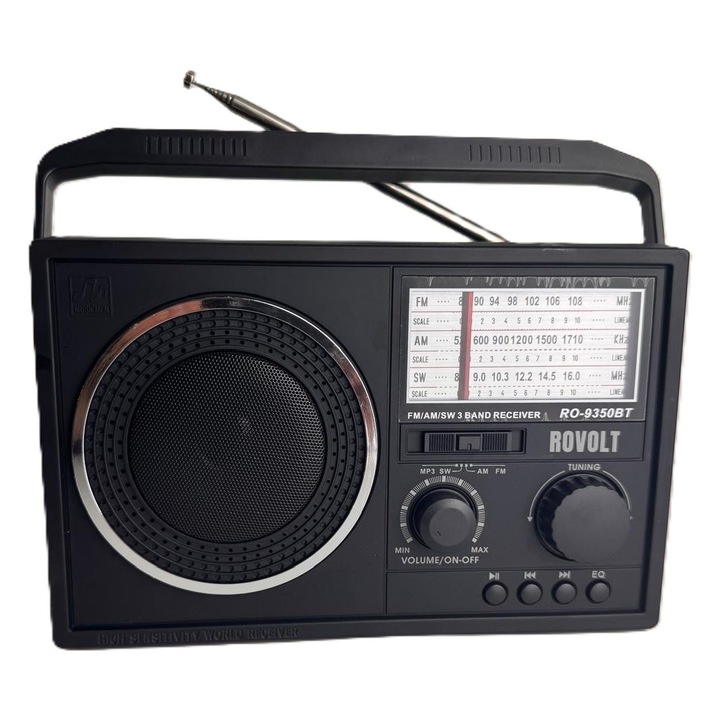 Radio portabil Rovolt® RO-9350 BT, AM/FM/SW, Bluetooth, TWS, MP3 Player, USB/TF, egalizator