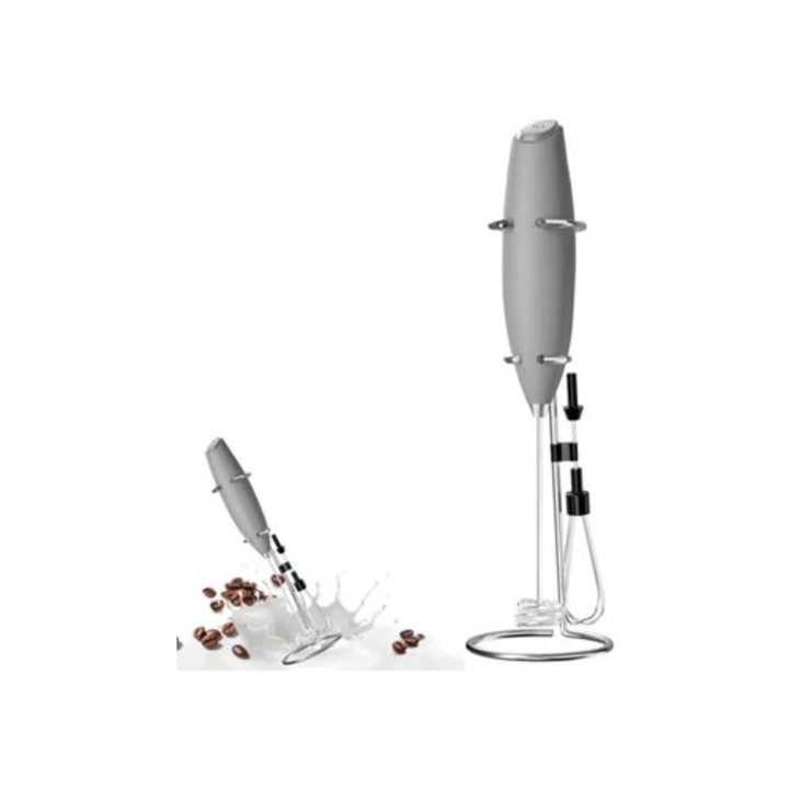 Espumator de lapte Eifson cu batidor dublu, suport din otel inoxidabil, gri
