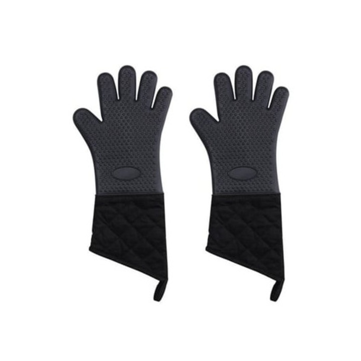 Konyhai kesztyű szett 2 részes, fekete, szilikon, pamut béléssel, hosszú