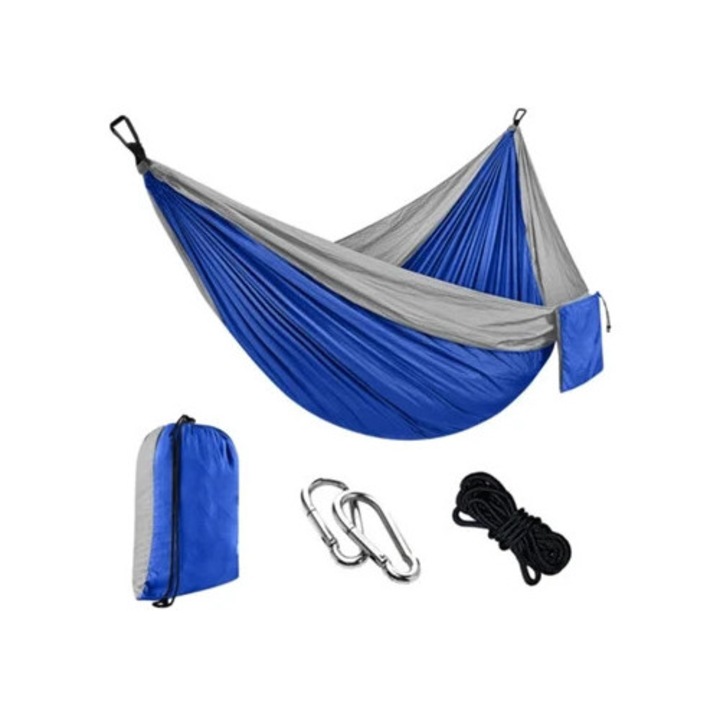 Eifson függőágy 2m kötéllel és karabinerrel, 270x140cm, szürke, királykék