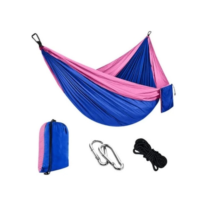 Eifson függőágy 2m kötéllel és karabinerrel, 270x140cm, rózsaszín, királykék