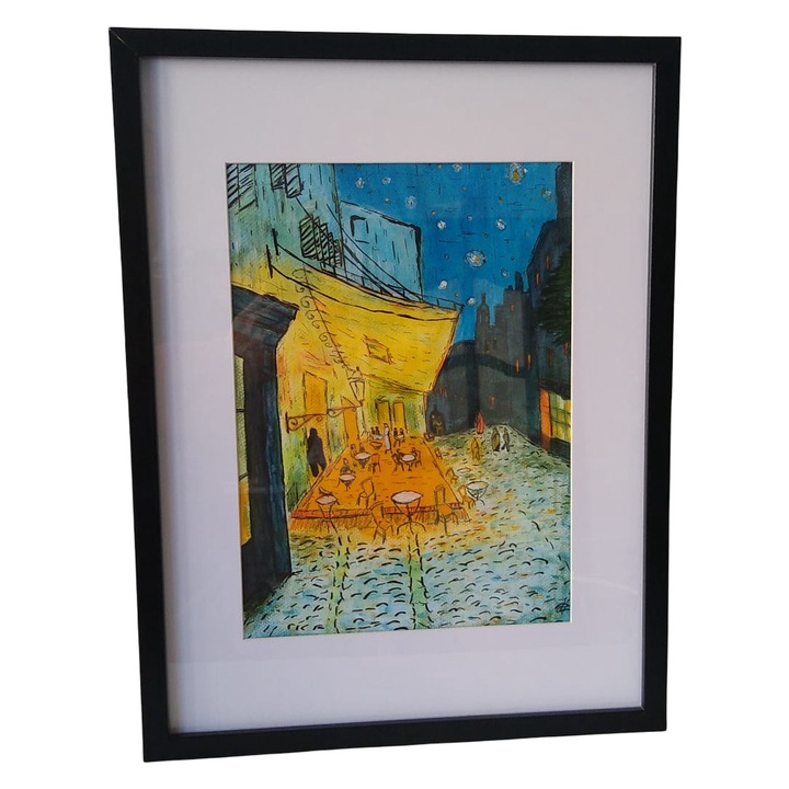 Tablou mic pictat manual Van Gogh "The Cafe Terrace", 32x42 cm, cu acrilic pe hartie, cu rama passepartout
