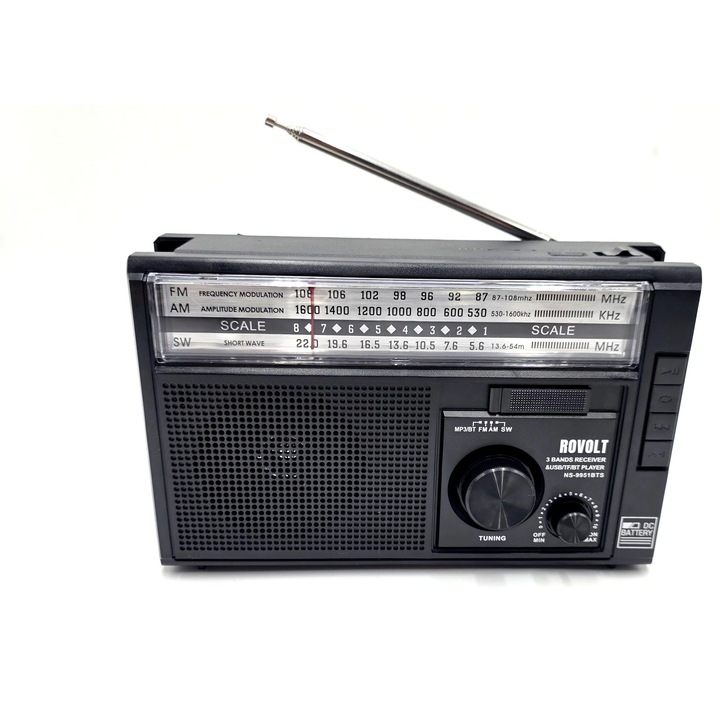 Radio portabil Rovolt® RO-9962 BTS, AM/FM/SW, Bluetooth, TWS, MP3 Player, USB/TF, lanterna, panou solar