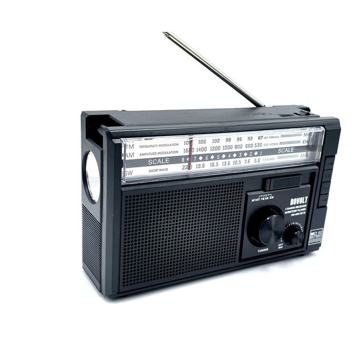 Radio portabil Rovolt® RO-9951 BTS, AM/FM/SW, Bluetooth, TWS, MP3 Player, USB/TF, lanterna, panou solar