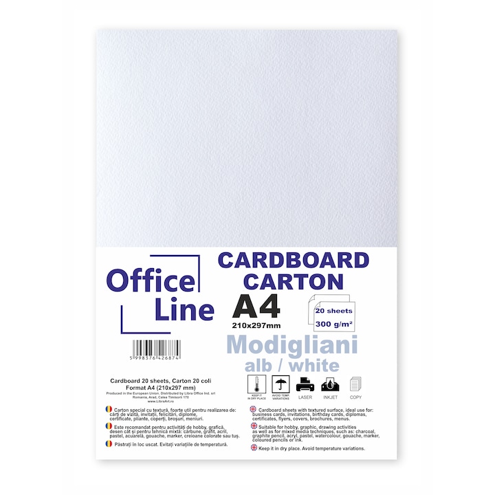 Carton A4 texturat, 300gr Modigliani alb top 20 coli