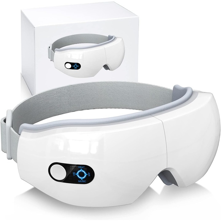 Апарат за масаж на очи, Bluvista®, с въздушно налягане, топлина, вибрации, музика, акупресура, главоболие, Bluetooth, 6 режима за релаксация, против стрес, уморени очи, сгъваем дизайн, идеален подарък, бял/сив