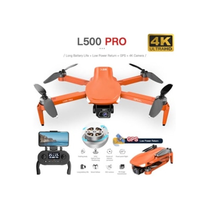 Drona MDUG GPS L500Pro 4K, autonomie 25 min, portocalie