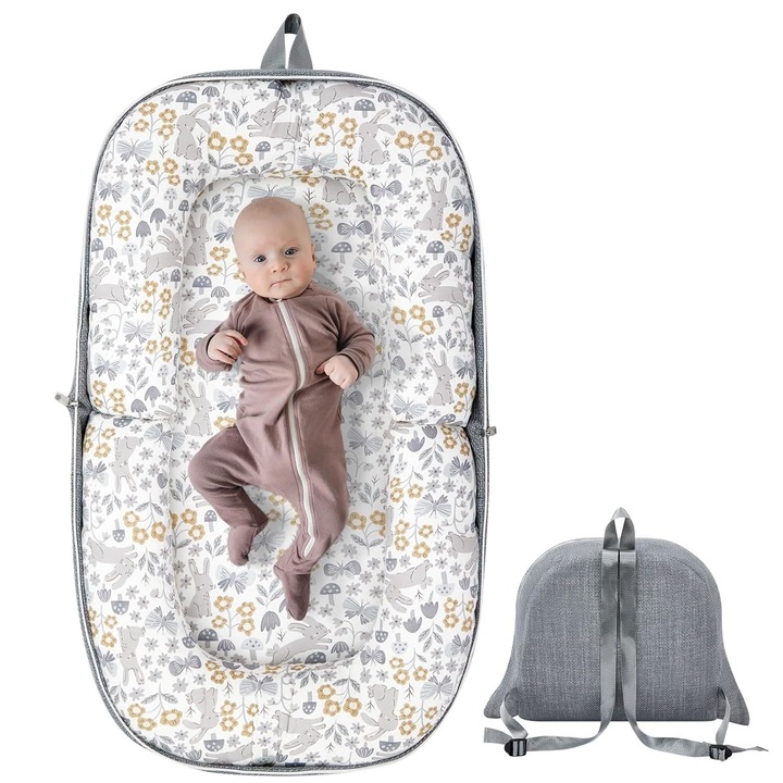 Меко гнездо за бебета Kardett модел Зайчета, органичен памук, сгъваемо, преносимо легло 85x55см, многоцветно