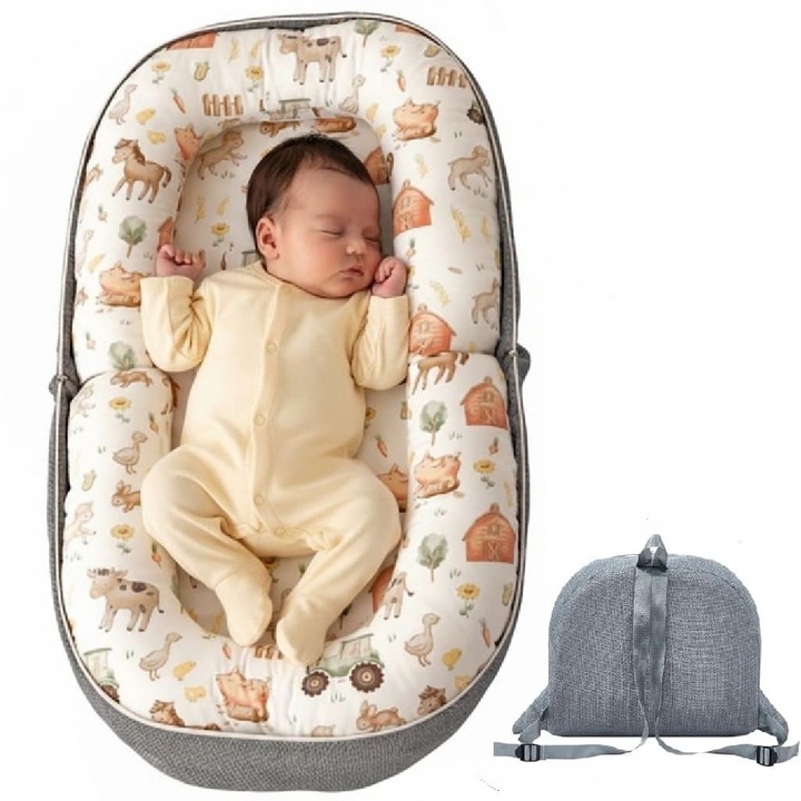 Cuib bebe model Ferma - pat portabil pentru bebelusi, baby nest pliabil si transportabil ca ghiozdan