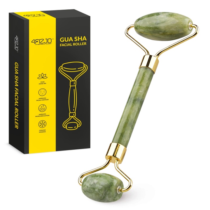 Rola faciala Gua Sha, 4FIZJO, din jad verde natural, lungime 14,5 cm, greutate 62 g, masaj facial pentru drenaj limfatic, reducerea ridurilor si cearcanelor, imbunatatirea ovalului fetei, fermitate si relaxare, efect de racire, verde