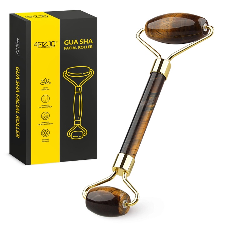 Roller facial, 4FIZJO, masaj relaxant, piatra naturala cuart ochi de tigru, dimensiune 14,5 cm, greutate 62 g, pietricica mica 2,5 cm, pietricica mare 4 cm, compact, unicat, ingrijirea tenului, relaxare, tonicitate, maro