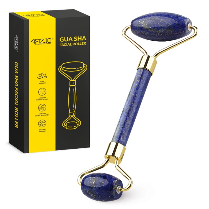 Roller facial, 4FIZJO, din lazurit natural, 14,5 cm, greutate 62 g, cu pietre de 4 cm si 2,5 cm, masaj pentru drenaj limfatic, reducerea umflaturilor, relaxarea muschilor fetei, stimularea microcirculatiei si absorbtia cosmeticelor, albastru