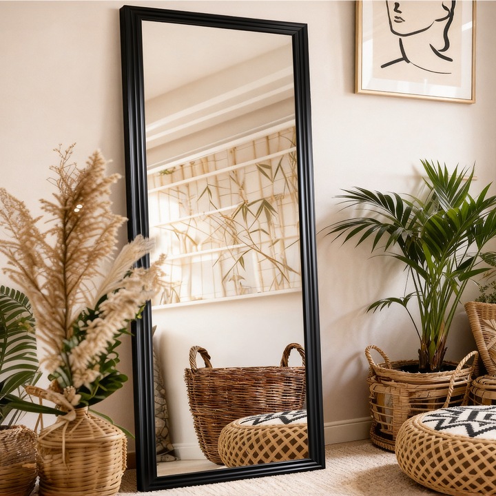 Подова огледала и стойка отзад, ORBER, модерна в цял ръст, 160x50см, рамка от масивно дърво, огледална повърхност от стъкло, правоъгълна огледала в цял ръст, черна
