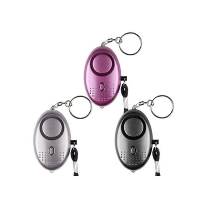 Alarma personala de siguranta, 130 dB, cu lanterna LED, set 3, negru, argintiu, mov