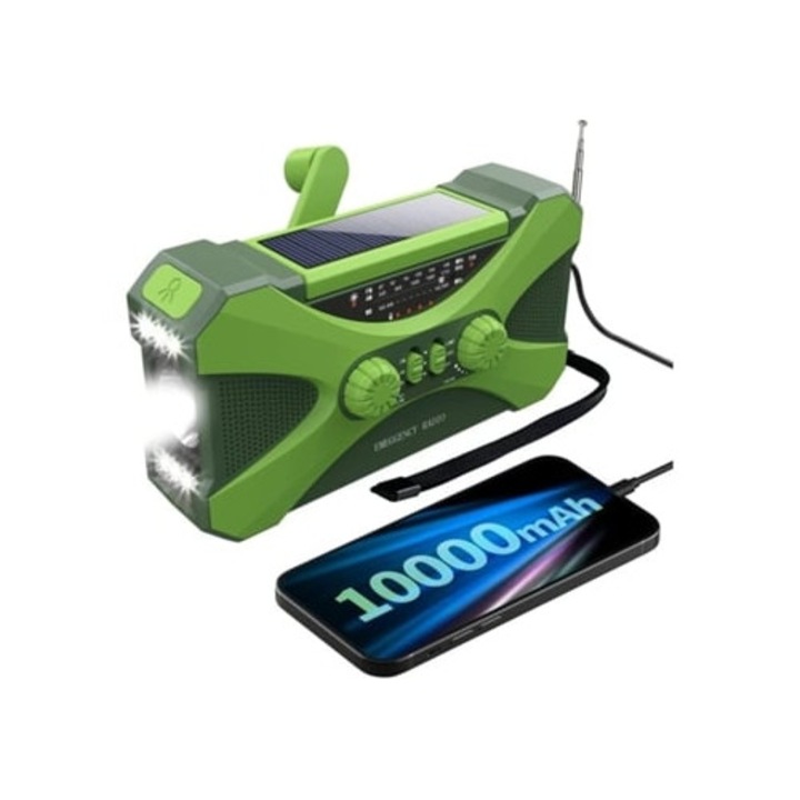 Radio de urgenta portabil 10000mah cu incarcator pentru telefon si lanterna LED, verde, set