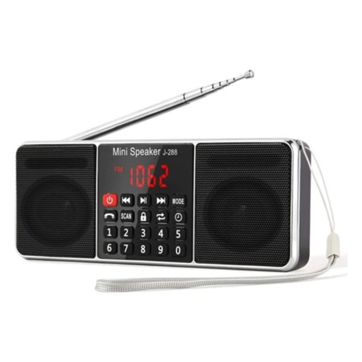 Radio portabil J-288 cu Bluetooth, MP3, USB, AUX, display LED, functie de temporizare