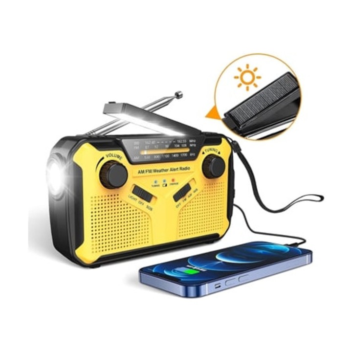 Radio de urgenta cu manivela, solar, AMFM NOAA, cu lanterna LED, portabil