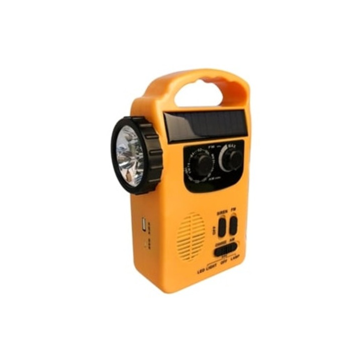 Hordozható napelemes rádió kézi hajtókarral, vészhelyzeti power bank, LED