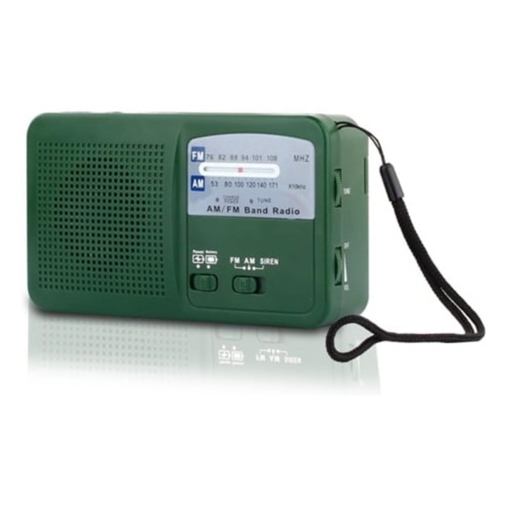 Radio portabil de urgenta, verde, cu panou solar, manivela si baterie USB autoincarcabila