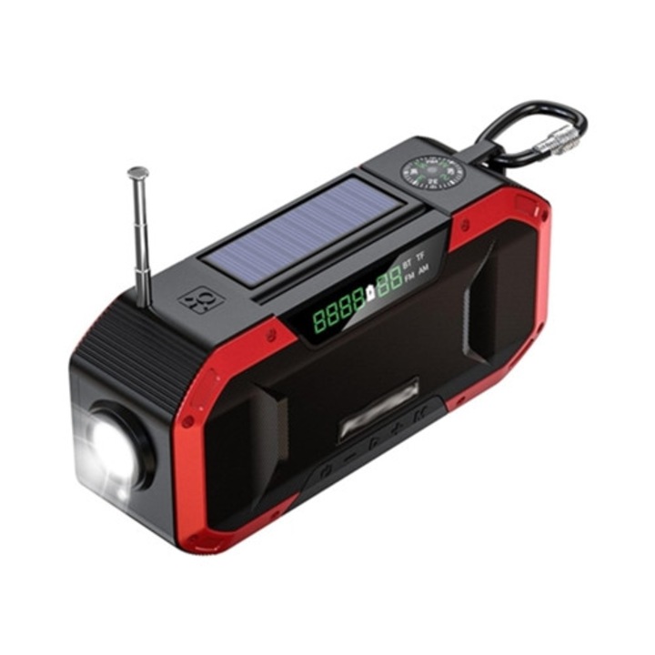 Radio portabil cu manivela si display LCD, solar, 2000mAh, rosu