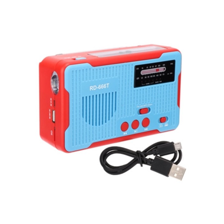 Radio portabil de urgenta Rd-666t cu alimentare solara si manivela, AM FM, lanterna LED albastra