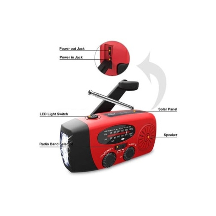 Radio de urgenta multifunctional cu manivela solara si incarcator solar 2000 Ah, set