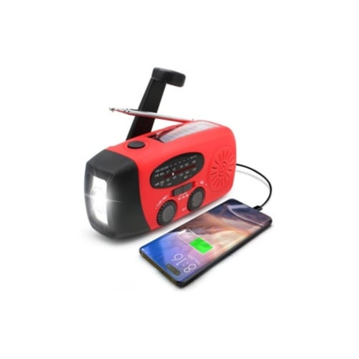 Radio portabil cu manivela, solar, lanterna LED, incarcator SOS 2000mAh