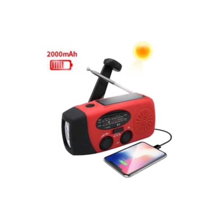 Radio portabil cu manivela, 2000mAh, celule solare, lanterna rosie