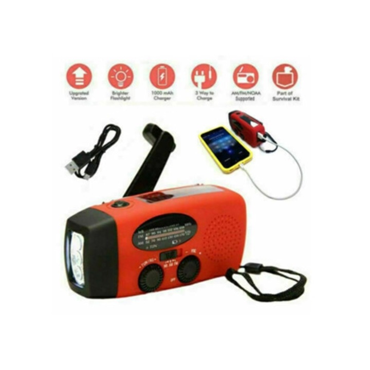 Radio portabil cu manivela solara, AM/FM, LED, incarcator USB