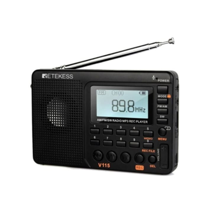 Radio portabil V115, negru, mic, reincarcabil, FM AM SW, cu inregistrator, MP3 Retekess