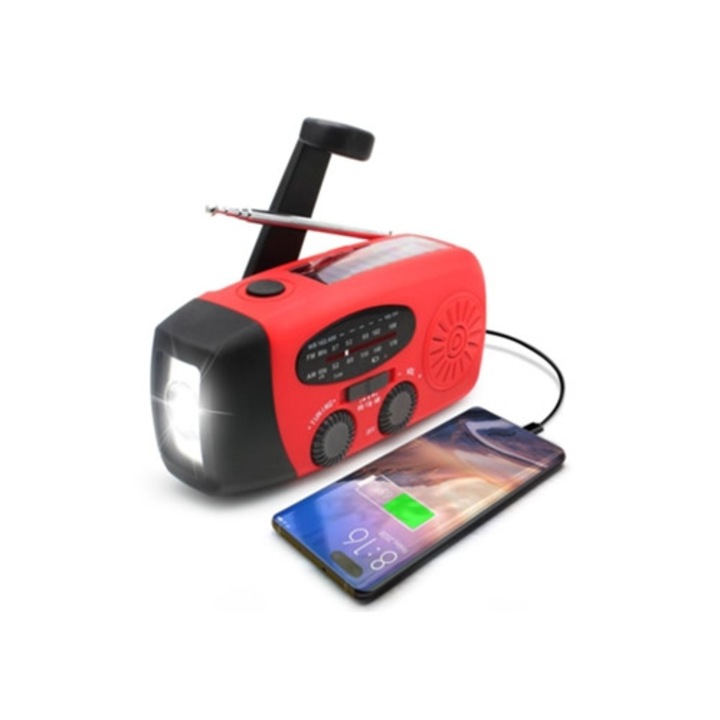 Radio portabil cu incarcator pentru telefon, panouri solare, lanterna, power bank, semnal SOS