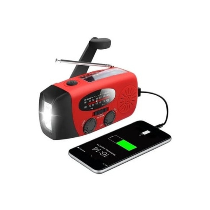 Radio portabil cu manivela, solar, lanterna, incarcator 2000 mAh, rosu